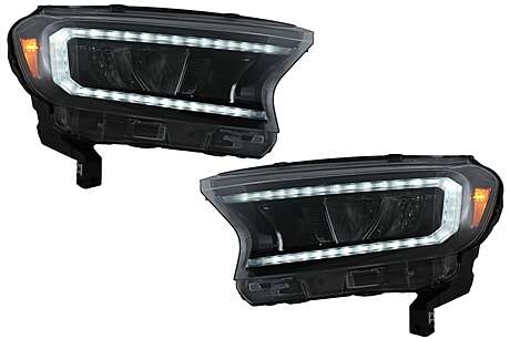 Headlights LED Light Bar suitable for Ford Ranger (2015-2020) LHD Full Black Housing with Sequential Dynamic Turning Lights