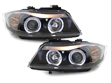 Headlights suitable for BMW 3 Series E90 Sedan E91 Touring (03.2005-08.2008) Angel Eyes 2 Halo Rims Black