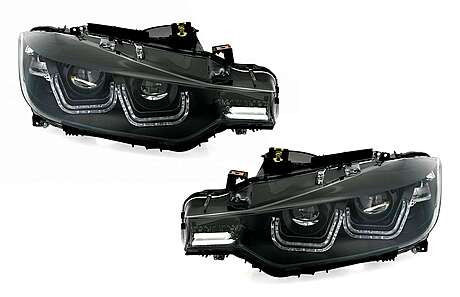 LED Headlights suitable for BMW 3 Series F30 F31 (10.2011- 06.2015) Double U 3D Xenon Look Black